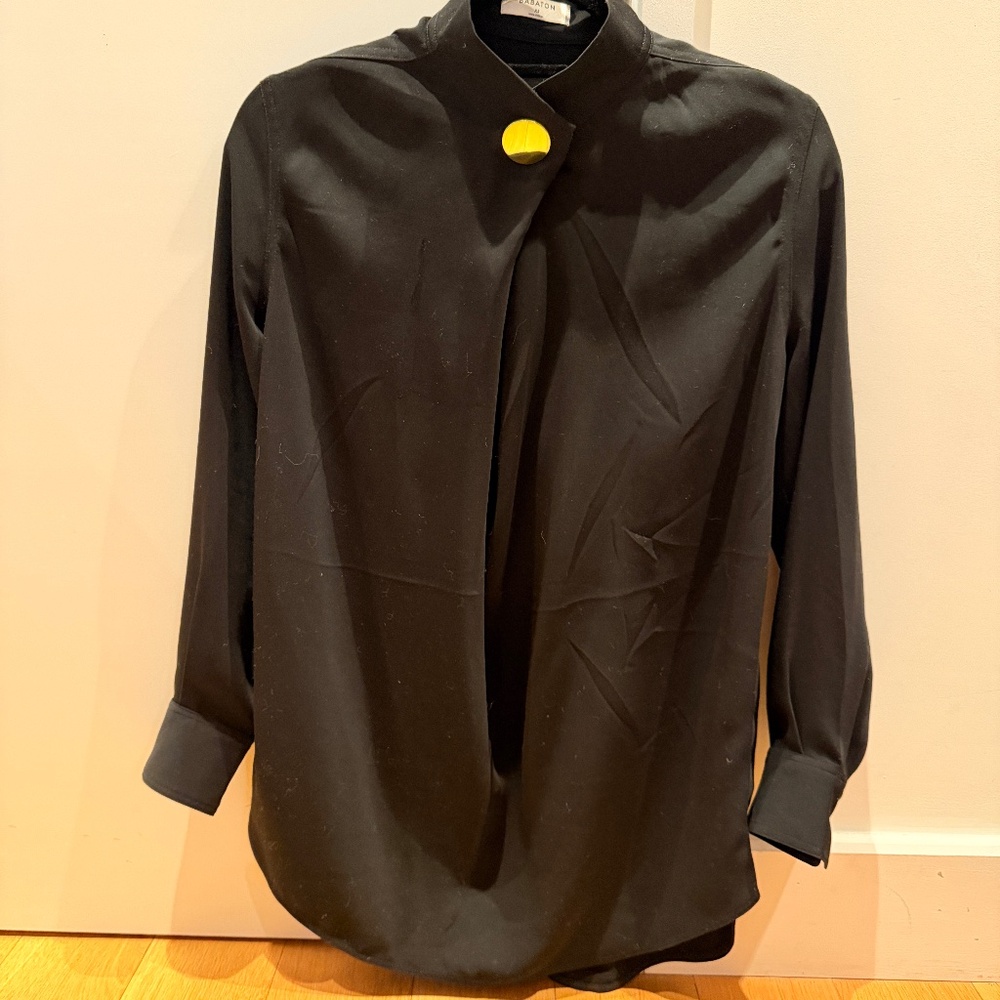 Long Sleeve Black Blouse with Gold Button Detail - XS